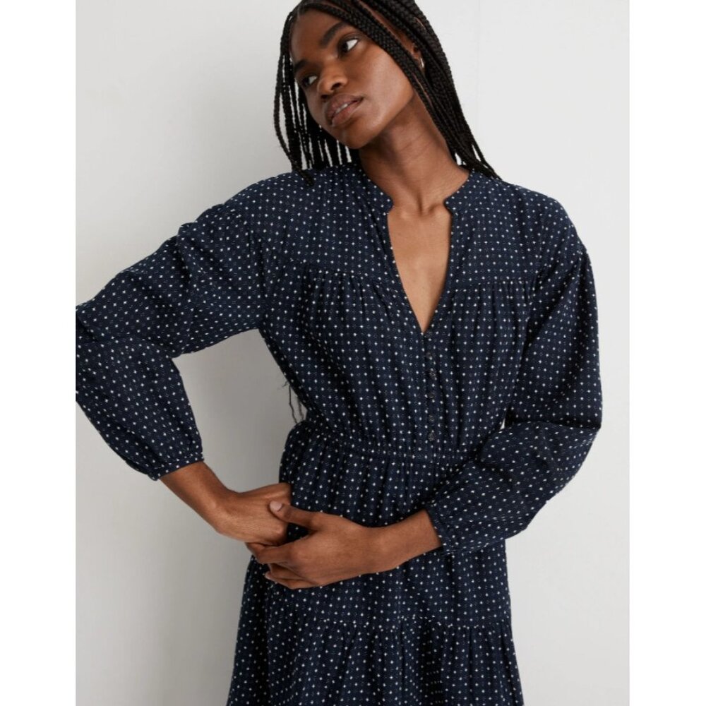 Madewell Womens‎ Dobby V Neck Tiered Midi Dress Long Sleeve Yd Jacquard Medium